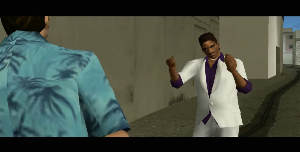 Two men talking to each other in Vice City.