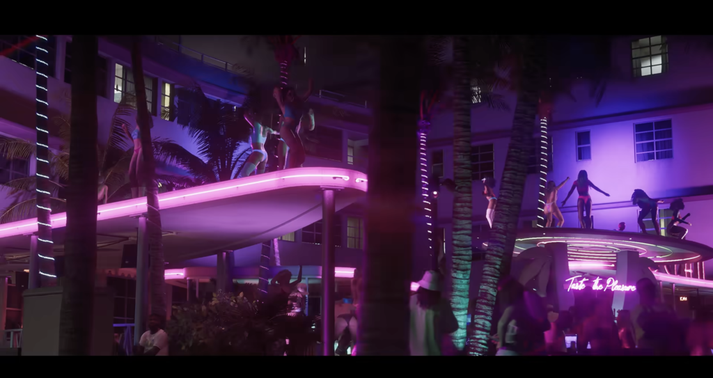 A group of people partying at a Vice City club.