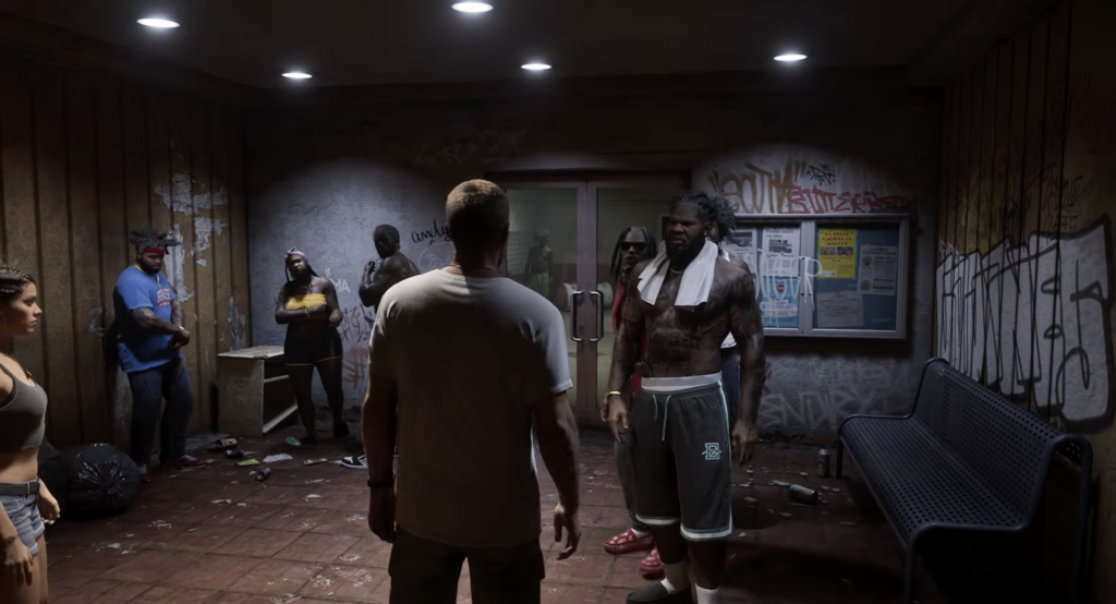 Grand Theft Auto 6 characters in a dilapidated lobby of an apartment building.