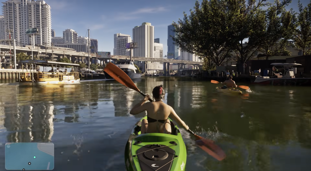 Lucia rowing a canoe in Vice City